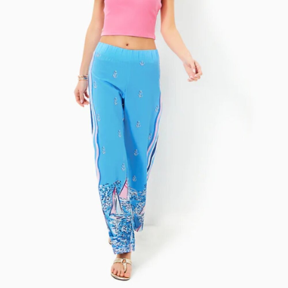 NWOT Lilly Pulitzer Bal Harbour Palazzo Blue A Lil Nauti Engineered Pants XXL - Picture 11 of 12